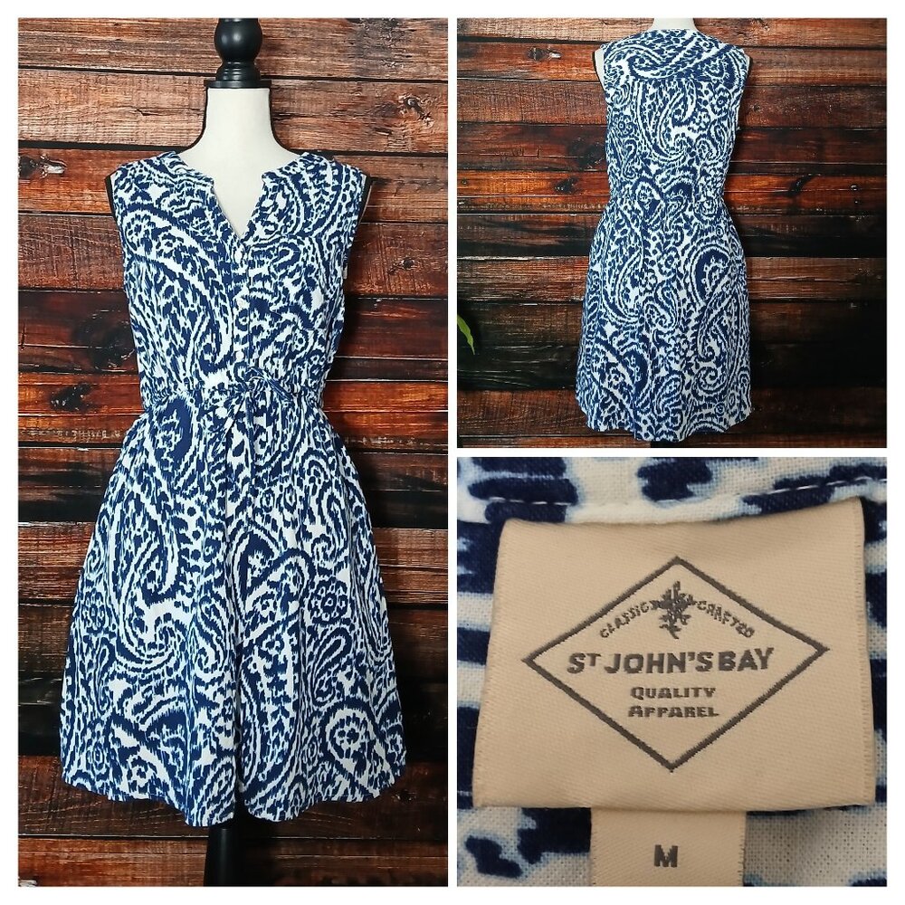 St Johns Bay Dress M Blue White Abstract Rayon Cotton Linen Drawstring Pockets